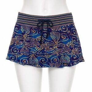 Y2K Retro Blue Paisley Print, Striped Waistband Drawstring, Micro Mini Skirt, M
